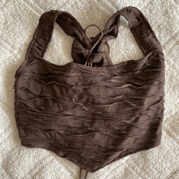 Tops - brown cropped top with lace up back